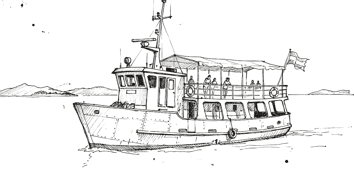 A Grenadines inter-island ferry under way, drawn in pen and ink